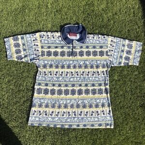 Vintage Lucci Mens Size M Blue Yellow Floral Geometric Polo Shirt Cotton